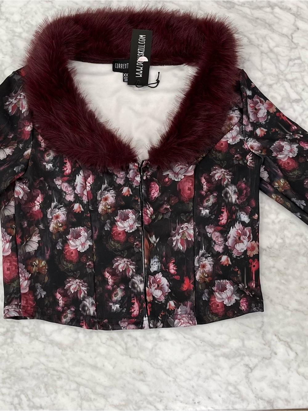NWT Current Mood Floral Jacket with Burgundy Faux-Fur Collar